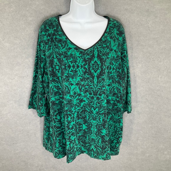 Catherines Women's 1X Plus Size Green Black Print V Neck Stretch 3/4 Sleeve Top - Picture 1 of 9